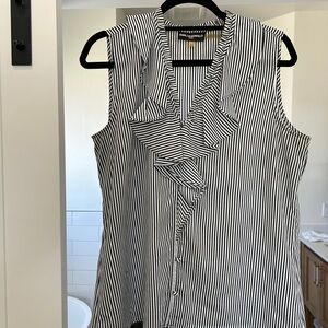 Karl Lagerfeld Black & White Vertical Stripe Ruffle Sleeveless Blouse